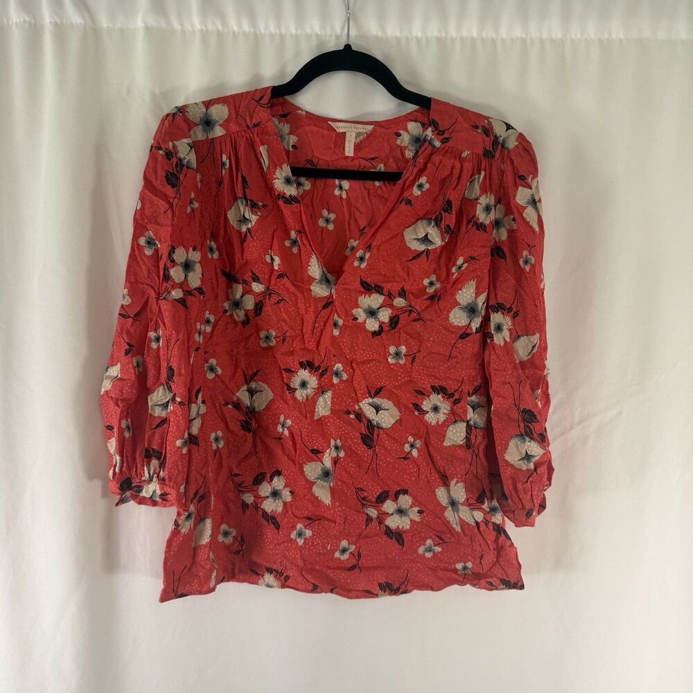 Rebecca Taylor Silk Blend Blouse Women's 4 Red Floral Vneck 1/2 Sleeve